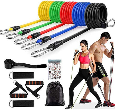 Image of Qsfi 11 Piece Gym Resistance Band for Workout, Resistance Band for Exercise, Resistance Band for Pull ups, Triceps, Legs, Rubber Resistance Band Tube with Door Anchor and Hook (Blue rw)