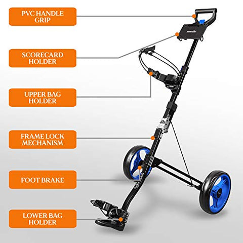 Image of SereneLife 2 Wheel Golf Push Cart - Lightweight Folding Walking Push Cart Roller Golf Bag Holder w/Foot Brake, Upper/Lower Bracket w/Elastic Strap, Bag Storage Holder SLGZX3
