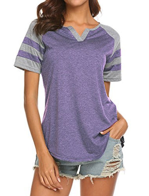 Locryz Women's Summer V Neck Raglan Short Sleeve Shirts Casual Blouses Baseball Tshirts Top (XL, Purple)