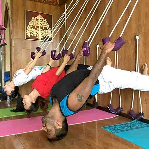 Image of Fitsy Iyengar Yoga Anti-Gravity Wall Rope Full Set Auxiliary Training Sport Aerial Suspension Yoga Rope Cotton (Purple)