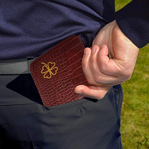 Image of FINGER TEN Golf Scorecard Holder Yardage Cover with 2 Free Golf Pencil Pack, Deluxe Color Black Blue Brown Gift Lucky Clover (Red-Lucky Clover)