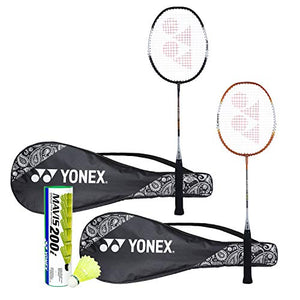 Yonex ZR 100 Light Badminton Combo (Set of 2 Yonex ZR 100 Light Badminton Racquet with Full Cover Black/Orange + Mavis 200I Shuttlecock Pack of 6)