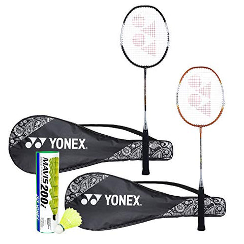 Image of Yonex ZR 100 Light Badminton Combo (Set of 2 Yonex ZR 100 Light Badminton Racquet with Full Cover Black/Orange + Mavis 200I Shuttlecock Pack of 6)