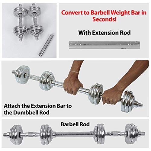 FITSY Adjustable Dumbbell Set Chrome Plated Iron Dumbbell Kit for Home Gym Workout with Extension Barbell Rod [AR-2628, 15 Kg]