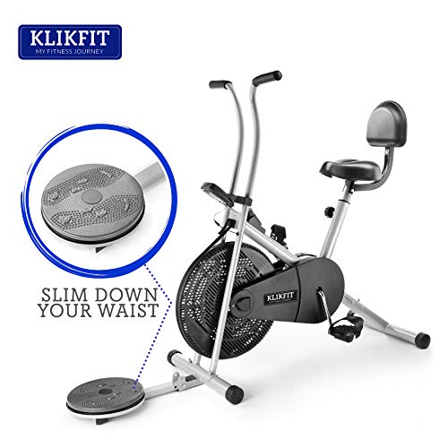 KLIKFIT KF04F Indoor Stationary Air Bike Exercise Cycle with Back Support & Twister Plate with Installation Support for Home Gym Cardio Full Body Weight Loss Workout, Silver, Black