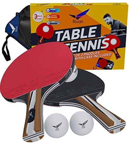 Image of Rivon Table Tennis Paddle - Ping Pong Racket Set - 2 Paddles with 3 Balls and Travel Case - ITTF Approved Rubber - Endorsed by Celebrity Player