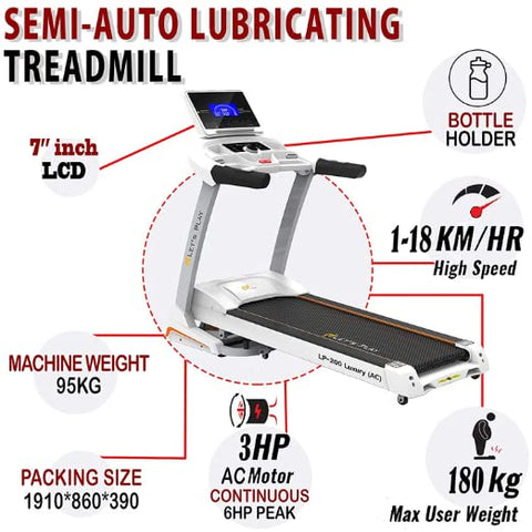 Image of Toning® Automatic Treadmill 3.HP AC Motor (Peak 6 HP) LP-200AC Semi Commercial Treadmill with Extra Suspension Technology, Auto Inclination, 7" LCD Display (White)