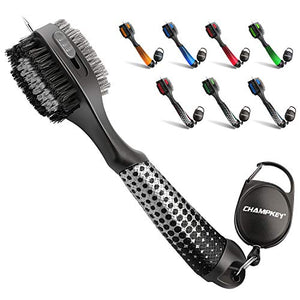 Champkey Star Multifunction Polymer Golf Brush - Oversized Brush Head，Comfortable Hand Grip & Retractable Groove Cleaner Golf Club Brush (Black(Star))