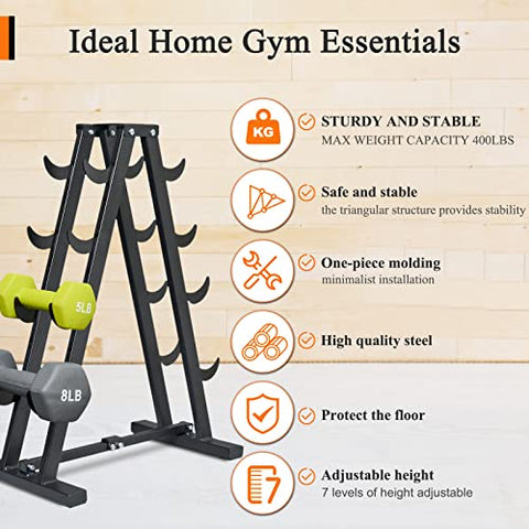 JOLISTEN Dumbbell Rack Stand Only for Home Gym, Free Weight Rack for Dumbbells 400 LBS Capacity, Small Compact A-Frame Hand Weights Holder Rack 4 Tier (7 Tiers Adjustable)