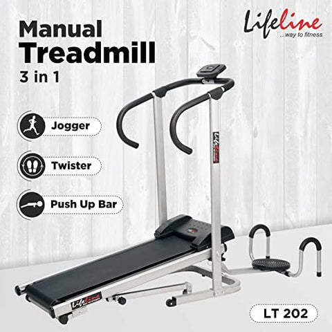 Image of Life Line 3 In 1 Fitness Manual Treadmill with Twister and Pushup Bar for Weight Loss at Home (Silver, Black)