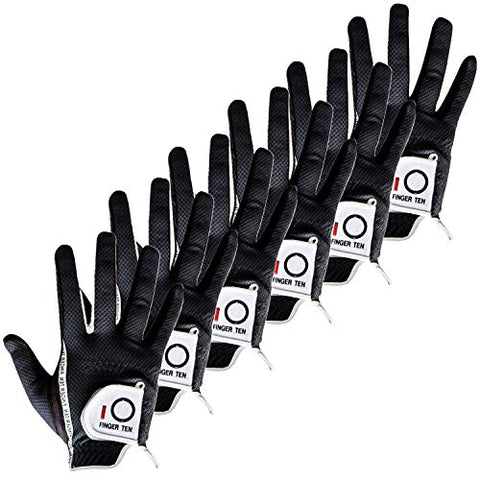 Image of FINGER TEN Men Golf Glove Rain Grip Left Hand Right Value 6 Pack, Fit Hot Wet Weather, Size Small Medium Large XL (25=M/Large Black Right)