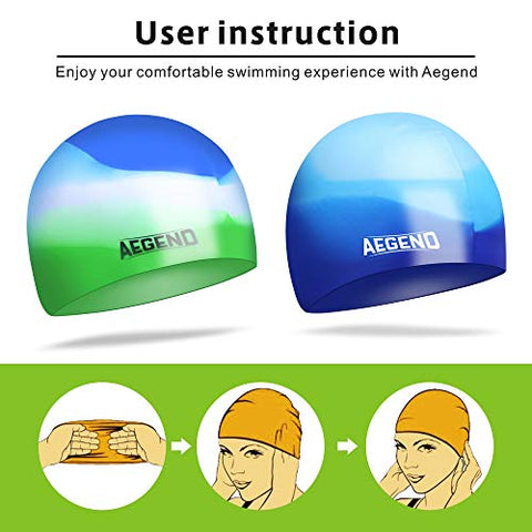 Image of aegend Youth Swim Cap (Age 5-10), 2 Pack, Blue & Green