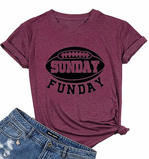 Women Sunday Funday Football Sport T-Shirt Short Sleeve Casual Letter Print Shirt Top (Medium, Fuchsia)