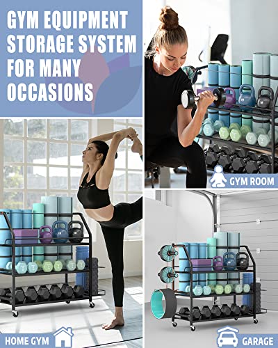 Staransun Home Gym Storage Rack - Weight Rack for Dumbbells - Yoga Mat Storage Rack with Two Extra Side Storage Space - Garage Storage with Caster Wheels - Workout Equipment Organizer - Easy to Assemble