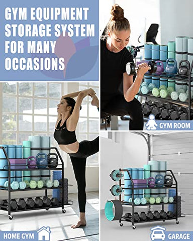 Image of Staransun Home Gym Storage Rack - Weight Rack for Dumbbells - Yoga Mat Storage Rack with Two Extra Side Storage Space - Garage Storage with Caster Wheels - Workout Equipment Organizer - Easy to Assemble
