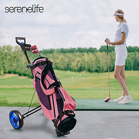 Image of SereneLife 2 Wheel Golf Push Cart - Lightweight Folding Walking Push Cart Roller Golf Bag Holder w/Foot Brake, Upper/Lower Bracket w/Elastic Strap, Bag Storage Holder SLGZX3