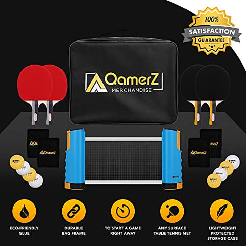 Image of AQamerZ Complete Ping Pong Paddle Set - Portable Table Tennis Kit with Retractable Net, 4 x Ping Pong Paddles, 8 Balls, 4 x Sweat Bands, Carry Case - Tabletop Pingpong Racket Equipment and Accessories
