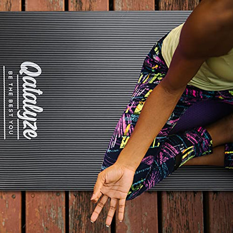 Qatalyze Extra Large and Thick Yoga Mat for Men and Women 6 feet 2.7 inch long 70 cm wide and 12mm thick Anti Slip Strong Grip Exercise Mat With Carry Strap for Workout and Gym Black