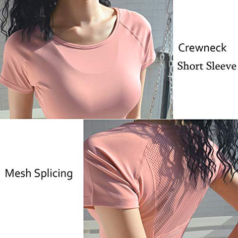 Image of Women Slim Yoga Shirts Short Sleeve Activewear Mesh Splicing Moisture Wicking Workout Running Tops (Light Pink Short, L)