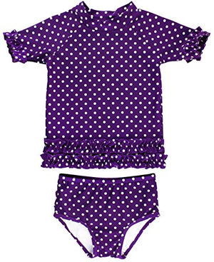 RuffleButts Girls Rash Guard 2-Piece Swimsuit Set - Purple Polka Dot Bikini with UPF 50+ Sun Protection - 7