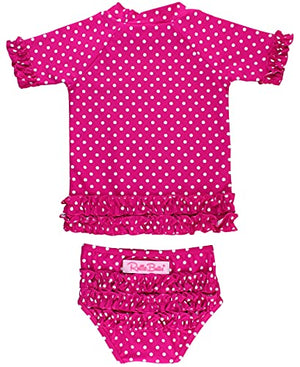RuffleButts Little Girls Berry Polka Dot Ruffled Rash Guard Bikini - Berry - 3T