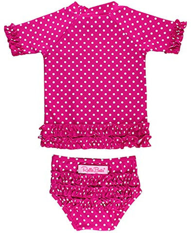 Image of RuffleButts Little Girls Berry Polka Dot Ruffled Rash Guard Bikini - Berry - 3T