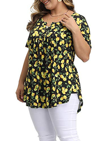 Image of Allegrace Women's Plus Size Floral Blouses Henley V Neck Button Up Tunic Tops Ruffle Flowy Short Sleeve T Shirts P30 Lemon Black 4X