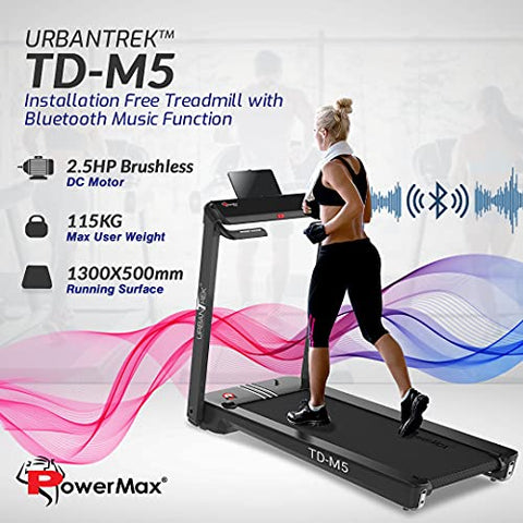 Image of PowerMax Fitness TD-M5 2.5HP (5HP Peak) Pre-installed Motorized Steel Treadmill, Home Use & Automatic Lubrication (Black)