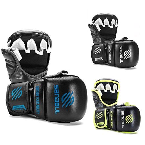 Sanabul Item Essential 7 oz MMA Hybrid Sparring Gloves (Black/Blue, Small/Medium)