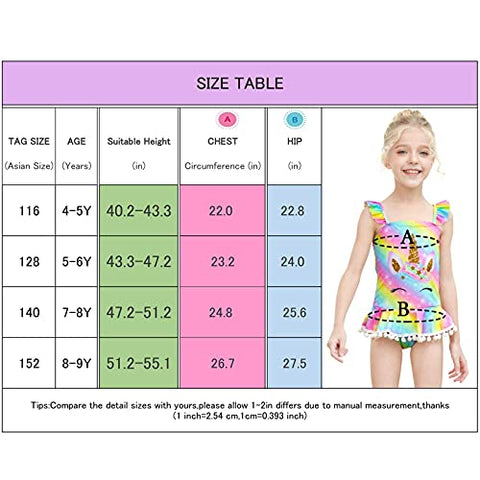 Image of MHJY Girl's One Piece Unicorn Mermaid Ruffle Beachwear Swimsuits with Pompoms (Rainbow, 5-6 Years/Height: 43.3"-47.2")