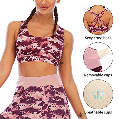 Fancyskin Strappy Sports Bras for Women Cross Back Sexy Padded Yoga Bra Tops Cute Activewear Pink Slash XS