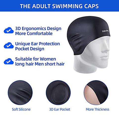 Image of Uniswim Swiming Goggles and Cap Set for Men, Professional Swim Goggles Anti Fog Leakproof UV Protection Clear Wide View, Solid Silicone Swimming Cap for Adults Long Hair Waterproof - Black