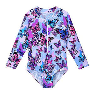 ZNYUNE Girls One Piece Rashguard Swimwear Long Sleeve Swim Suit with Zipper UPF 50+ Sun Protection (PurpleButterfly, for 7-8 Years)