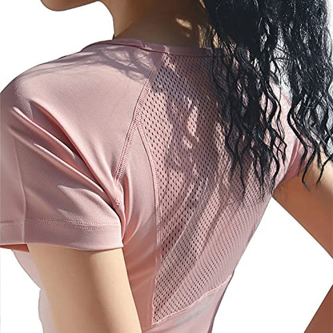 Image of Women Slim Yoga Shirts Short Sleeve Activewear Mesh Splicing Moisture Wicking Workout Running Tops (Light Pink Short, L)