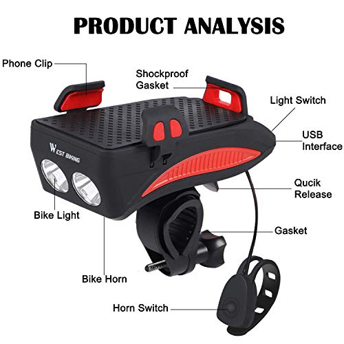 Lista Bicycle Horn Lamp Bike Headlight Phone Holder Bicycle Horn Rechargeable Power Bank 4 in 1 Universal Adjustable Shock Absorbing Waterproof