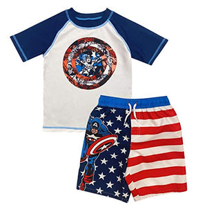 Dreamwave Boys' Captain America Two Piece Rash Guard Rashguard Swim Shirt and Trunk Set 5/6