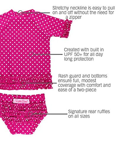 Image of RuffleButts Little Girls Berry Polka Dot Ruffled Rash Guard Bikini - Berry - 3T