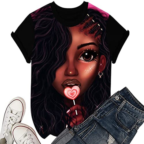 Image of Women's T-Shirts Black History Month Afro Word Art Natural Hair 3D Floral Print Casual Tops for Women Tees XXL