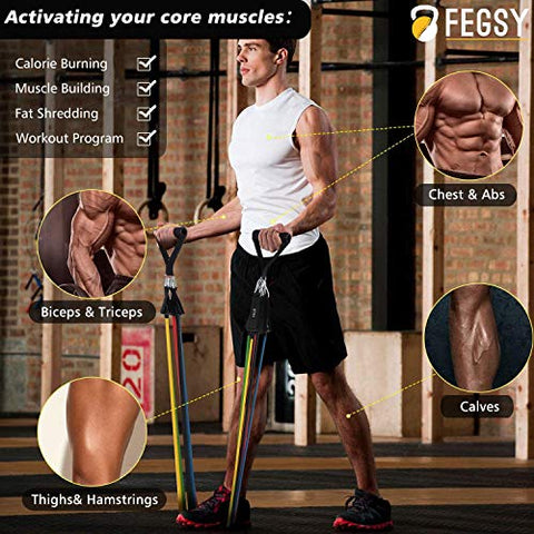 Image of FEGSY Resistance Bands Set for Exercise, Stretching, and Workout Toning Tube Kit with Foam Handles, Door Anchor, Ankle Strap, and Carrying Bag for Men, Women