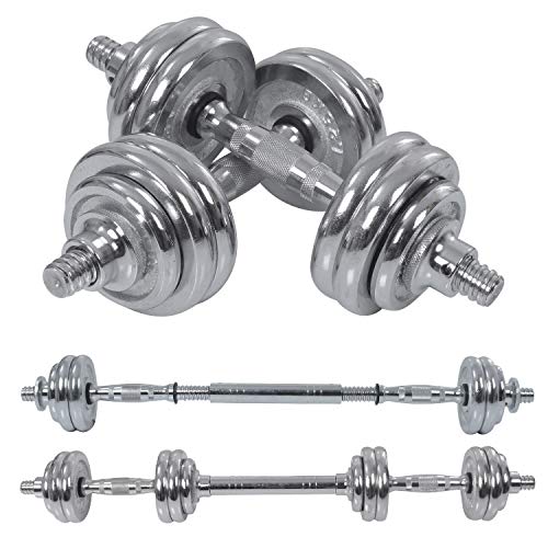 FITSY Adjustable Dumbbell Set Chrome Plated Iron Dumbbell Kit for Home Gym Workout with Extension Barbell Rod [AR-2628, 15 Kg]