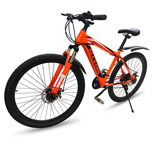 ADDMAX Sea Hawk Front Suspension 21-Speed Adventure Sports Mountain Bike with Lightweight 18 Inch Carbon Steel Frame, 26x2 Inches Tires Bicycle for Men and Women (Gun Red)