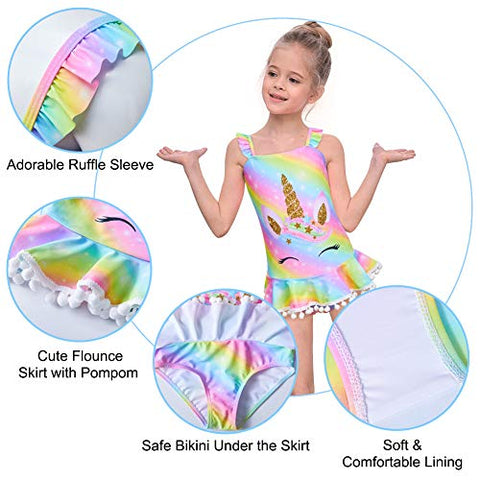 Image of MHJY Girl's One Piece Unicorn Mermaid Ruffle Beachwear Swimsuits with Pompoms (Rainbow, 5-6 Years/Height: 43.3"-47.2")