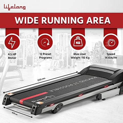 Image of Lifelong LLTM153 Fit Pro 4.5 HP Peak Motorised with LCD Display, Max Speed 14km/hr| Max User Weight 110Kg, Heart Rate Sensor, Manual Incline, Speaker|Treadmill for Home(Free Call Installation Assistance)