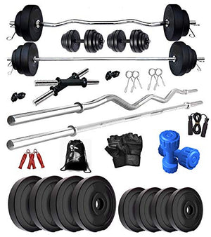 BodyFit Black PVC Home Gym Combo Set Weight Plates Combo with 5Ft Straight, 3Ft Curl Bar, 2 Dumbbell Rods, Gym Bag with Accessories (8)