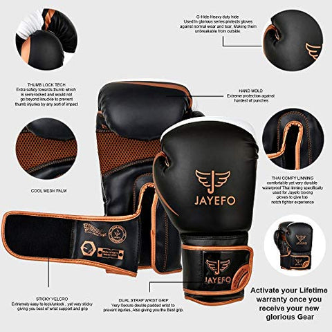 Image of Jayefo Glorious Boxing Gloves Muay Thai Kick Boxing Leather Sparring Heavy Bag Workout Pro Leather Gloves Mitts Work for Men & Women (Black/Copper, 6 OZ)