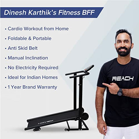 Image of Reach T-90 Manual Treadmill for Home Workout | Foldable Treadmill With Wheels | Walking & Running Machine For Home Gym | Manual Incline | 12 Months Warranty | Max User Weight 100kg