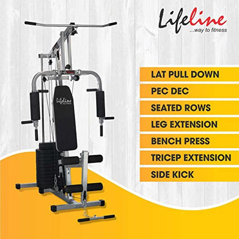 Image of Lifeline Fitness HG-002 Multi Home Gym Multiple Workout Exercise Machine Chest Biceps Shoulder Triceps Legs at Home, 72kg Weight Stack, Made in India, 10KG Dumbbell Set