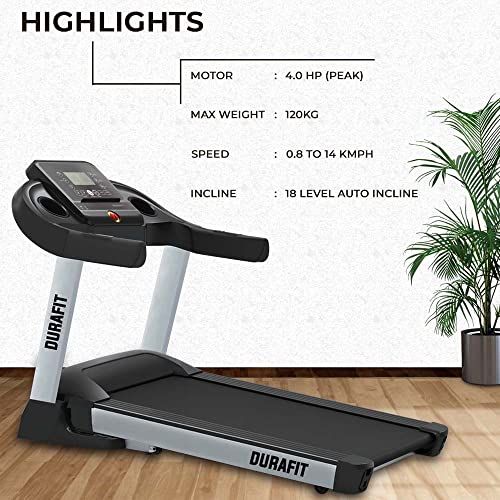 Durafit - Sturdy, Stable and Strong Durafit Surge | 4 HP Peak DC Motorized Foldable Treadmill | Auto Incline | Home Cardio | Max Speed 14 Km/Hr | Max User Weight 120 Kg | Black