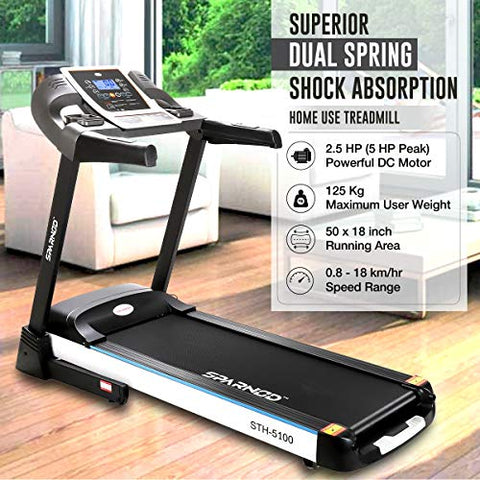 Sparnod Fitness STH-5100 (5 HP Peak) Automatic Treadmill (Free Installation Service) - Foldable Motorized Running Indoor Treadmill for Home Use