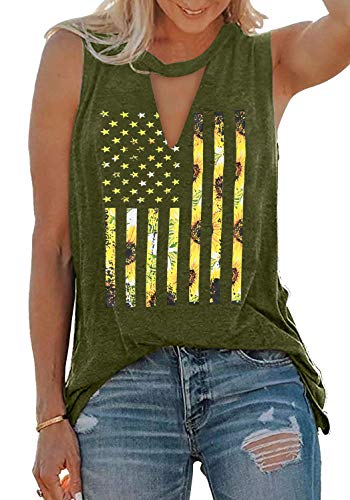 BLANCHES Sunflower Tank Tops Women's Funny Graphic Vest Sleeveless Workout Tee Yoga Athletic T Shirt Summer Tops (V Neck-Army Green, S)